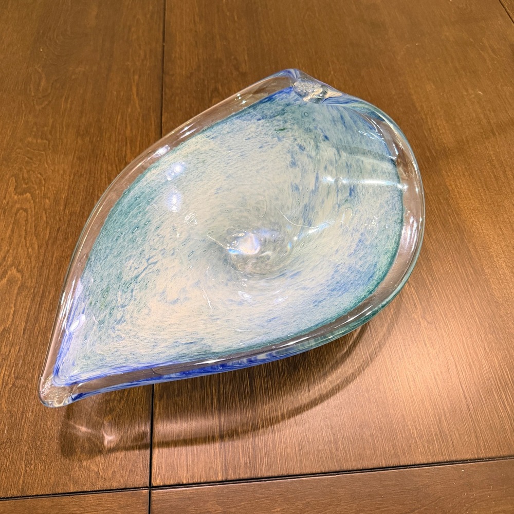 Blue White Swirl Hand Blown Art Glass Wave Bowl Iridescent Coastal Centerpiece